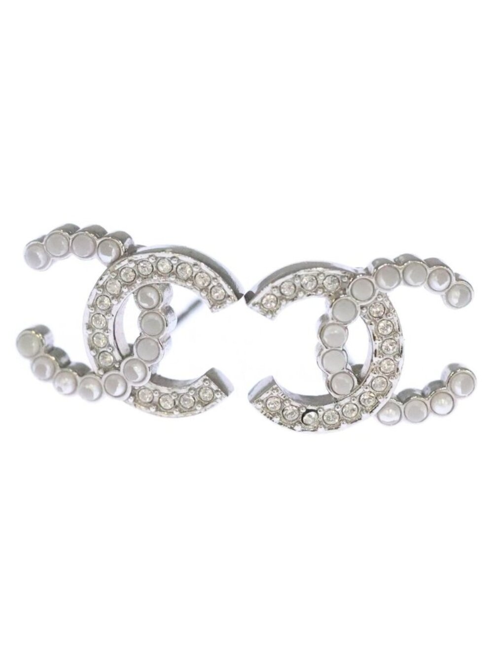 Chanel CC Logo Stud Earrings Strass Costume Pearl White Silver